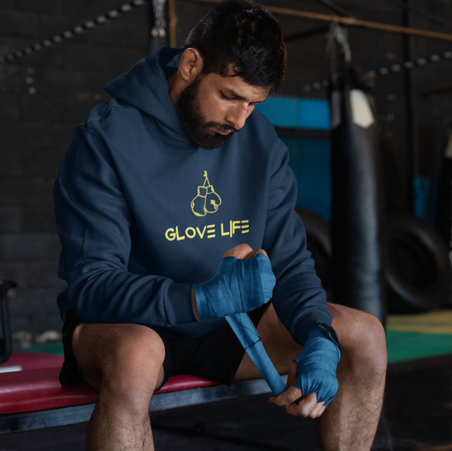 Glove Life Fleece Lined Hoodie, Mid Chest Screen Printed Logo-Navy Blue