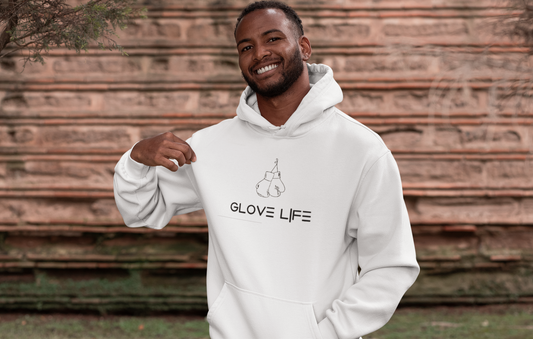 Glove Life 100% Cotton Hoodie. Mid Chest Screen Printed Logo-White